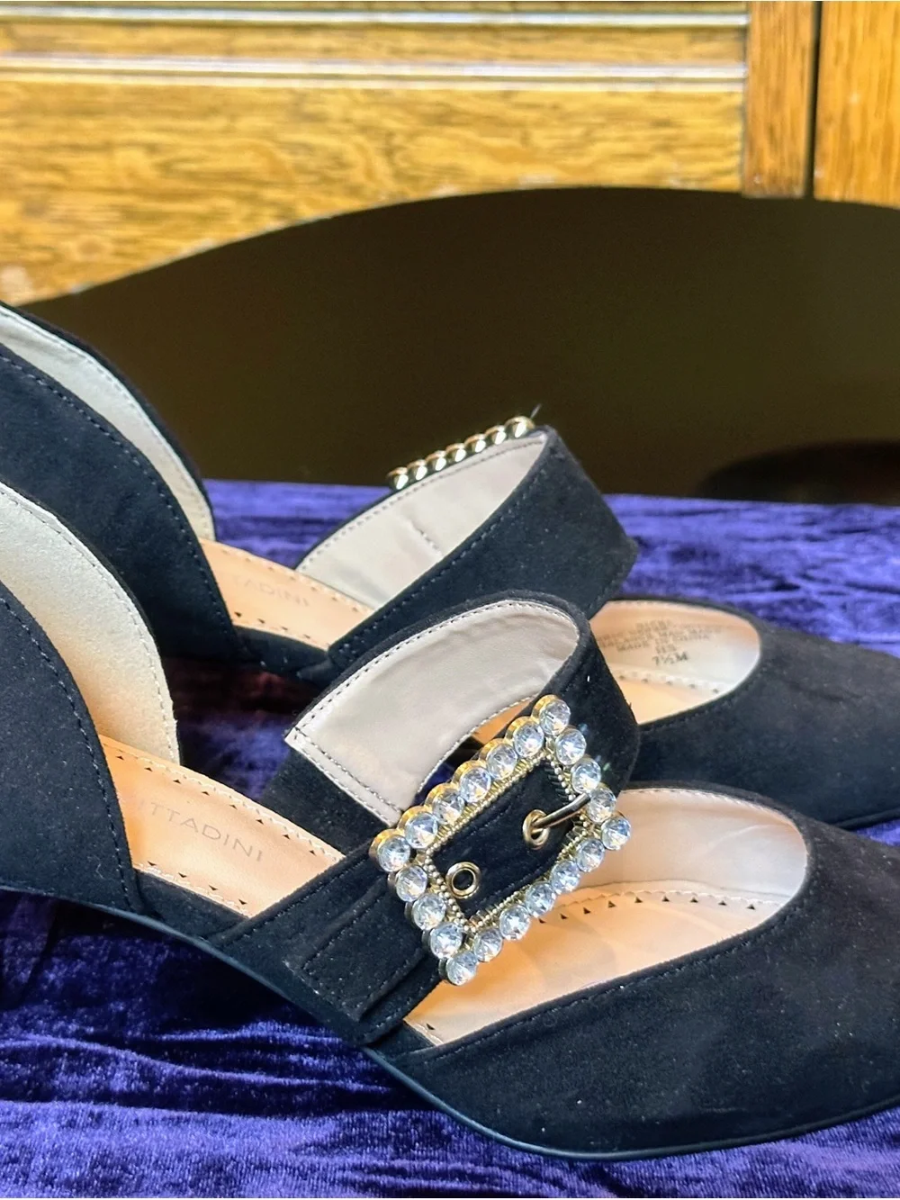 Adrienne Vittadini Black Suede Mary Jane Heels with Crystal Buckle